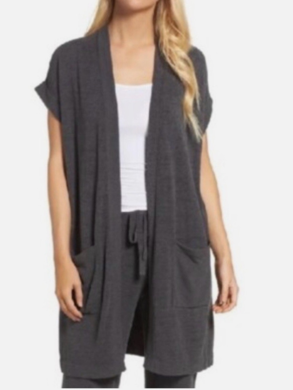 Barefoot Dreams Cozychic Ultra Lite Cardigan Vest Gray Open Front Size